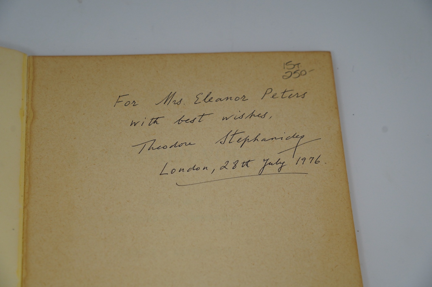 Theodore Stephanides interest; a small archive of correspondence along with a signed and dedicated copy of A Hundred Voices, pub. Kostes Palamas 1976, between Stephanides and Eleanor Peters, including letters, a postcard